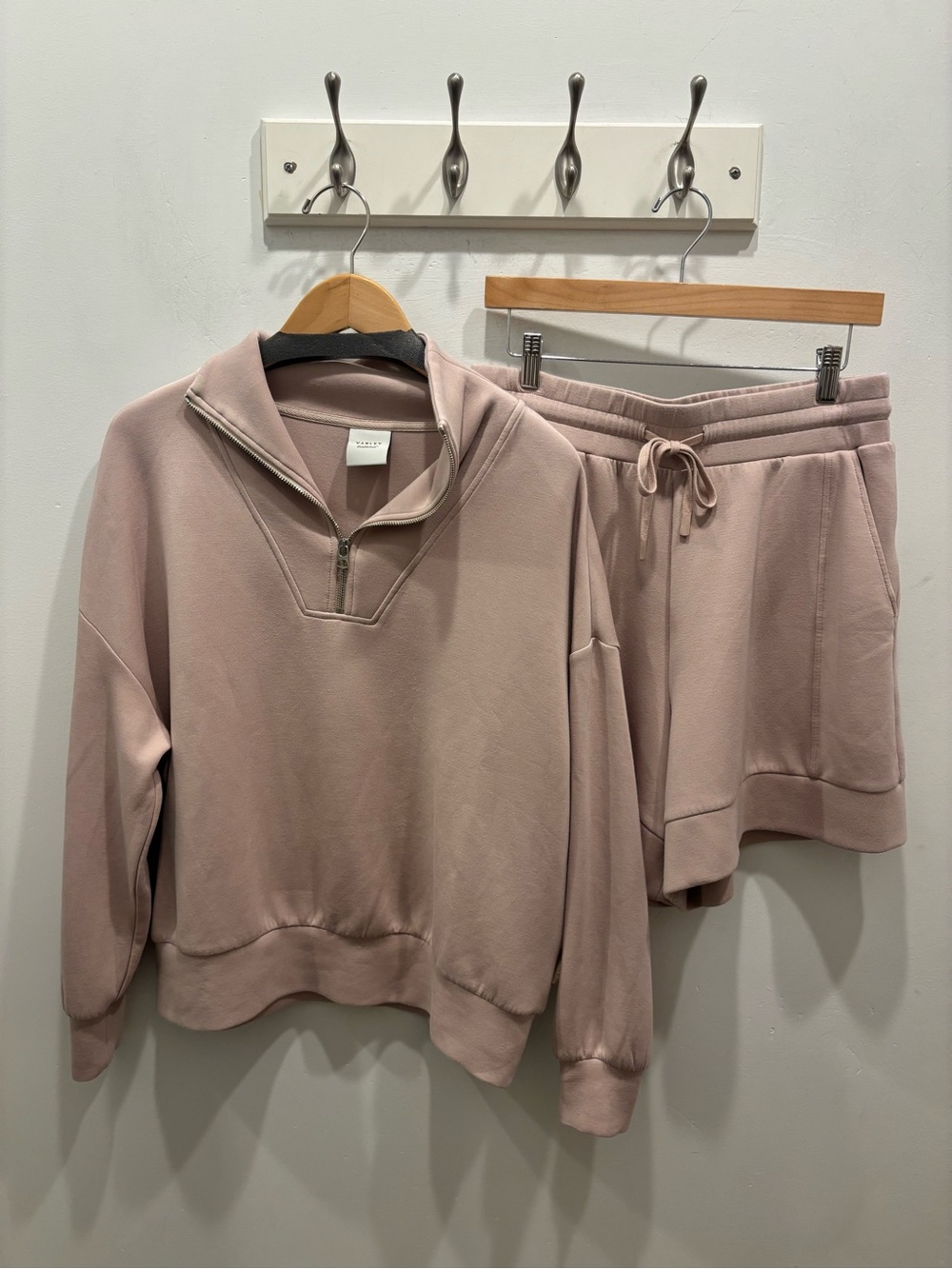 Varley Dusty Pink Quarter-Zip Pullover and shorts